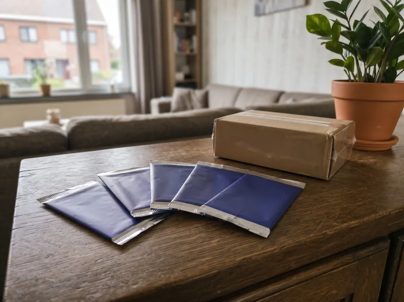 Ongeopende boosterpakjes en een gesloten doos op een dressoir