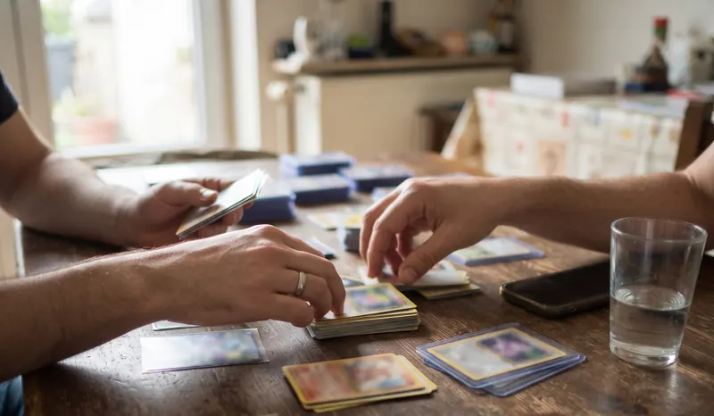 Handen sorteren Pokémon kaarten in stapeltjes op de eettafel
