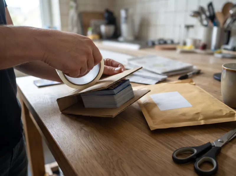 Stapel kaarten tussen karton inpakken voor verzending in een gewatteerde envelop